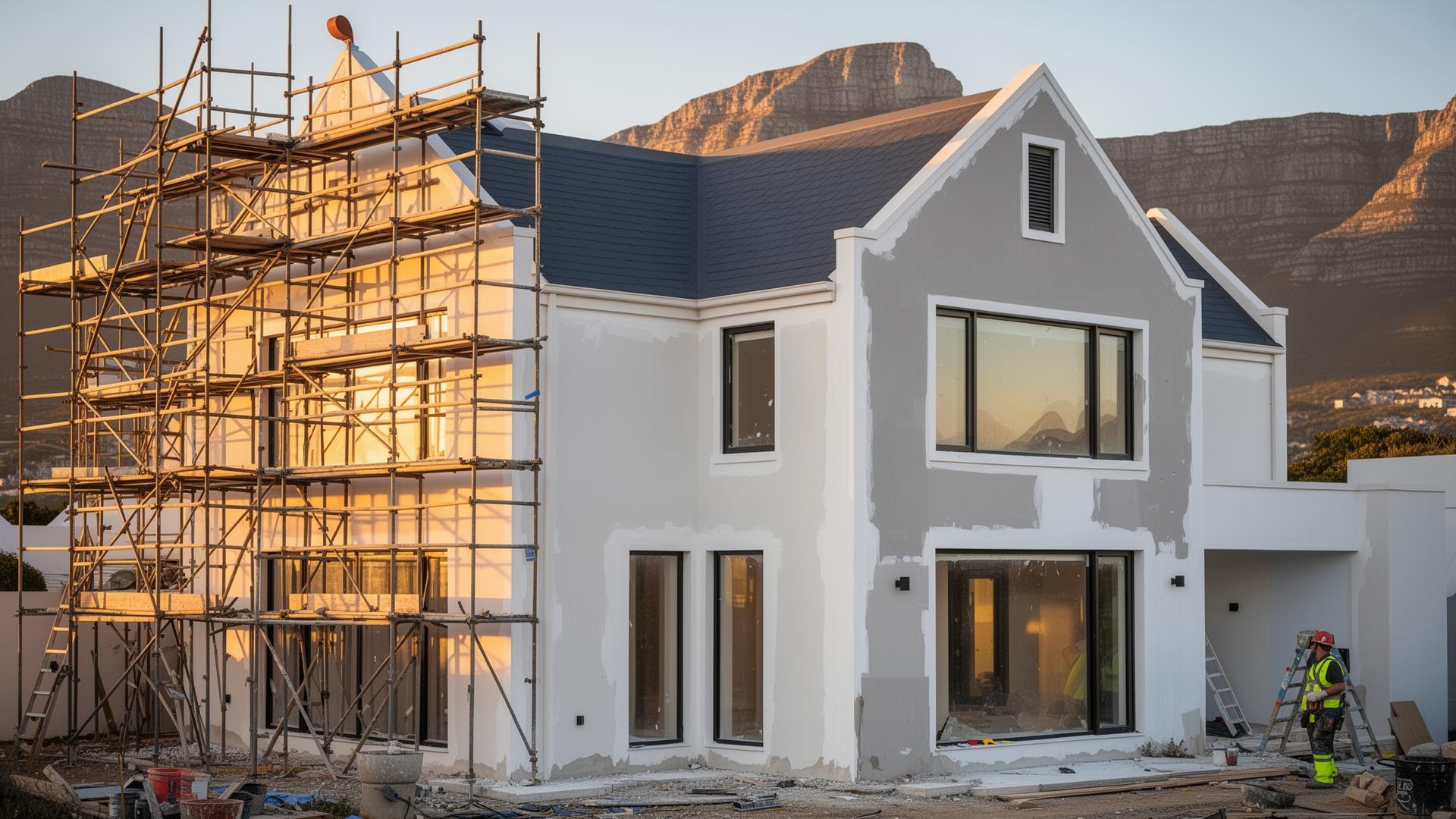 Cape Town home undergoing renovation by CHM Developments, with scaffolding and fresh plaster work at golden hour